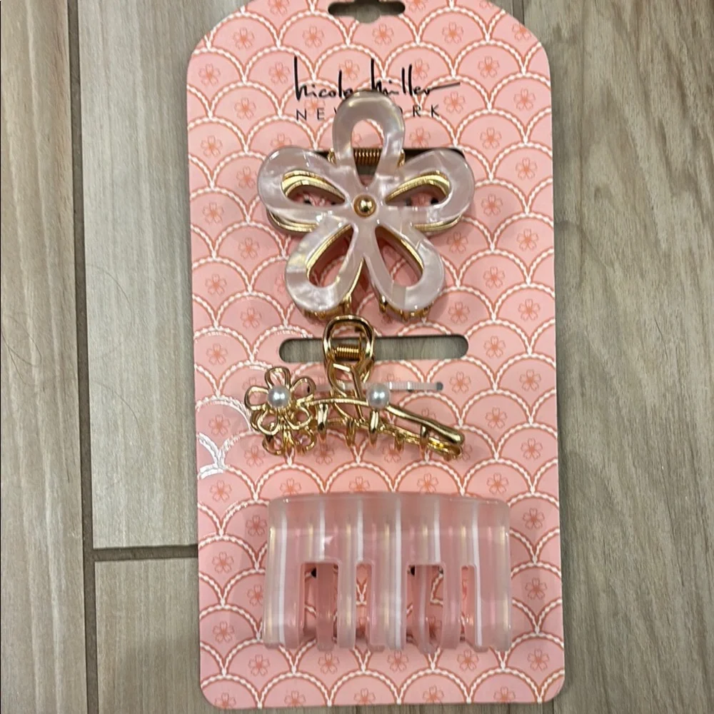 NWT Nicole Miller Floral Pink and Gold flower Hair Clip Trio